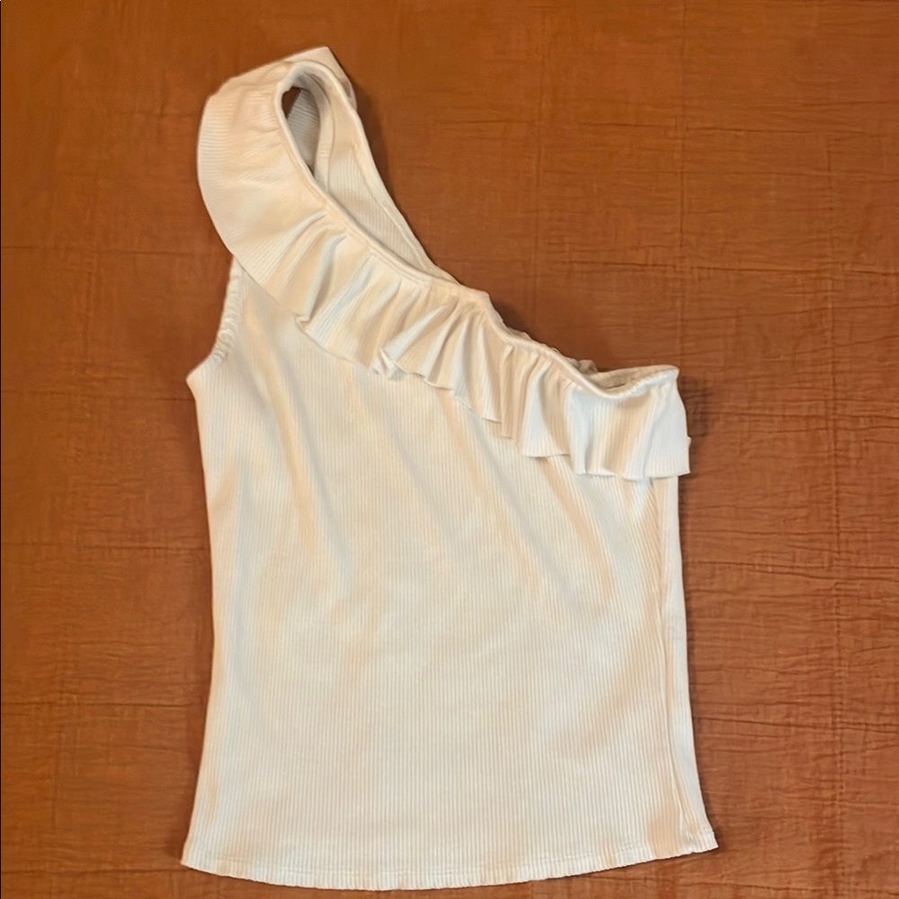 Cream Asymmetrical Ruffled Sleeveless Tank Top